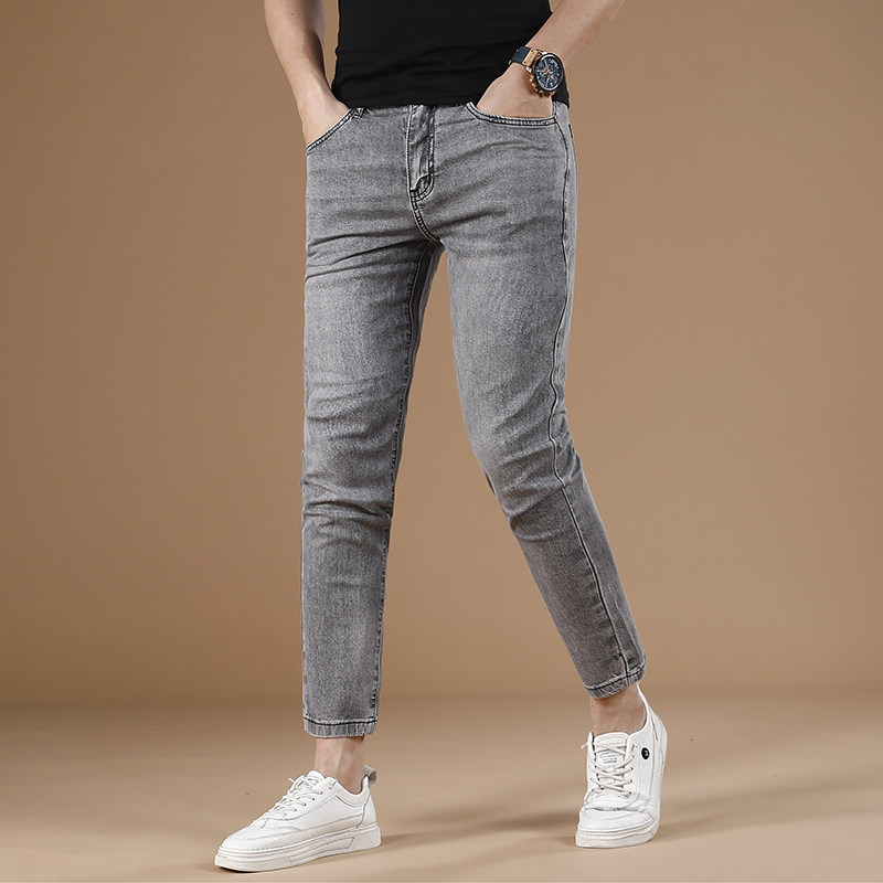 高端浅灰色九分裤男牛仔裤2026新款夏季薄款弹力修身小脚裤9分裤