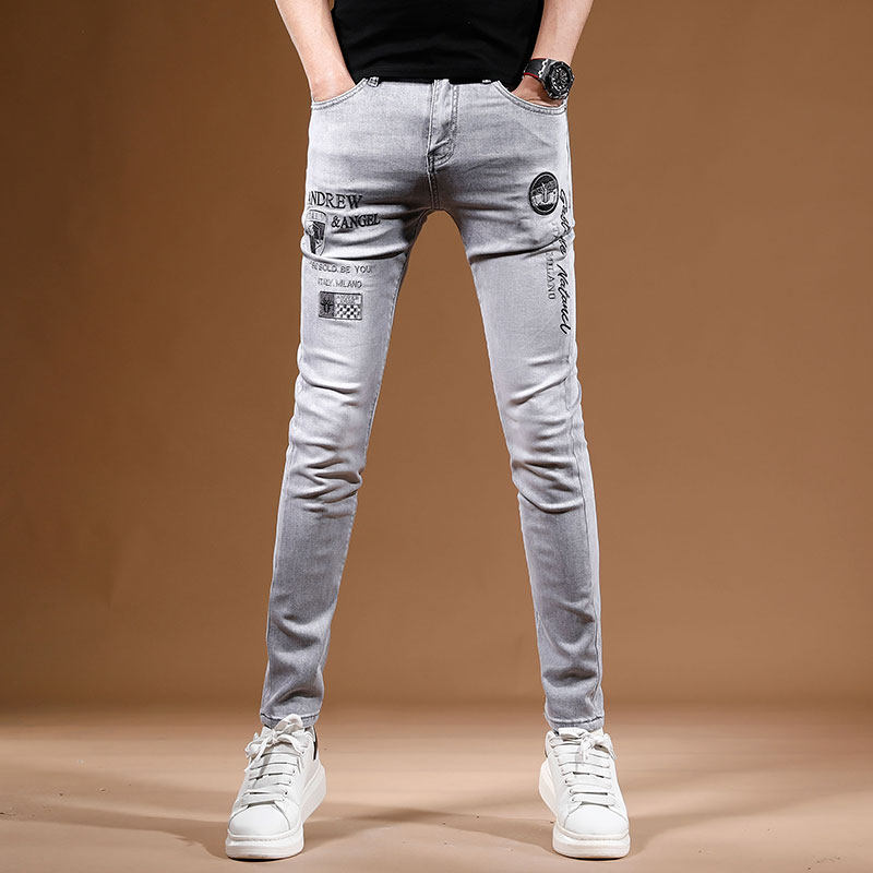 美式高端烟灰色裤子男款潮牌修身小脚弹力绣花男士牛仔裤夏季薄款