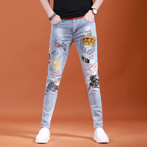 夏季薄款高端印花男士牛仔裤