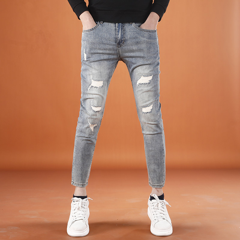 破洞九分牛仔裤男2026新款弹力修身小脚裤夏季薄款小个子9分裤男