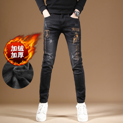 拉链长裤刺绣牛仔裤冬季加绒