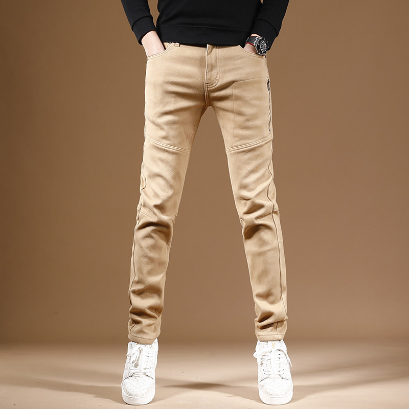 高端商务卡其色牛仔裤男秋冬潮流韩版百搭修身小脚休闲男士长裤子