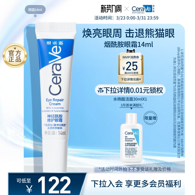 CeraVe适乐肤补水保湿烟酰胺黑眼圈细纹修护眼霜官方正品