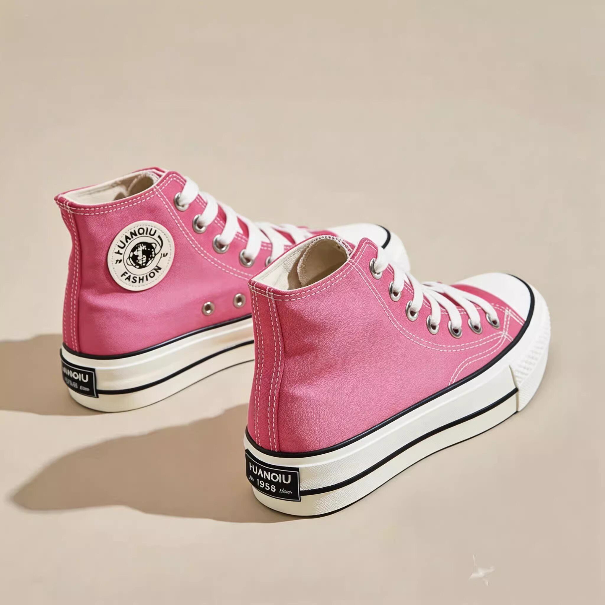 学院风芭比粉色高帮厚底帆布鞋女2026春学生百搭球鞋休闲增高板鞋