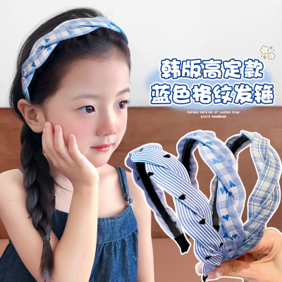 韩系甜美发箍~儿童蓝色格纹头箍