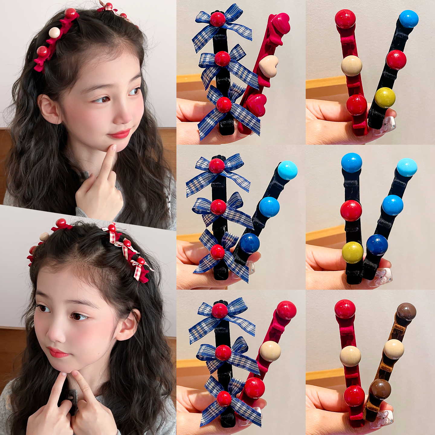 红色植绒编发发夹~儿童公主头