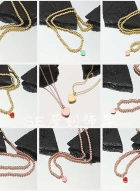 佛珠桃心粉红蓝色珐琅彩爱心项链