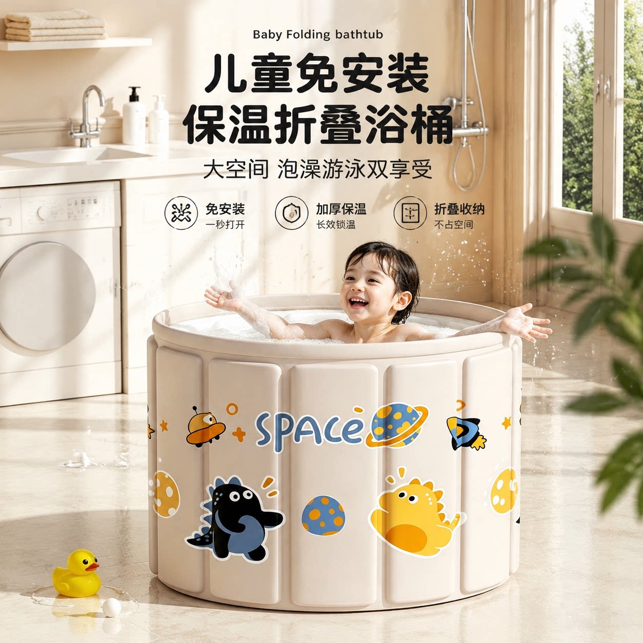 爱里奇宝宝泡澡桶儿童浴桶婴儿游泳桶折叠保暖洗澡盆家用可坐加大