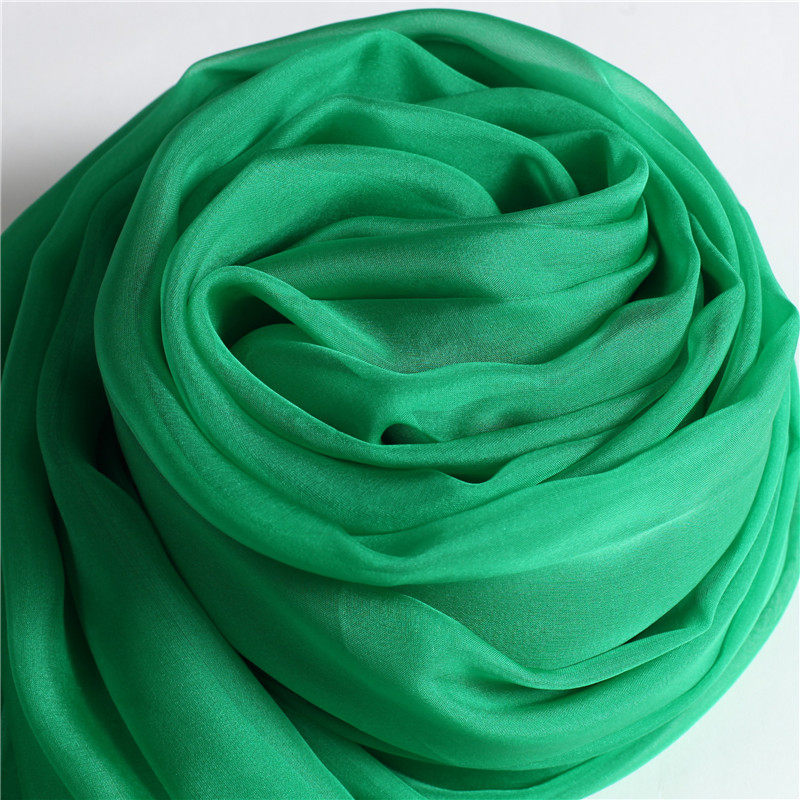100%桑蚕丝纯色长款品牌丝巾春秋冬季百搭丝滑柔软薄纱巾披肩草绿