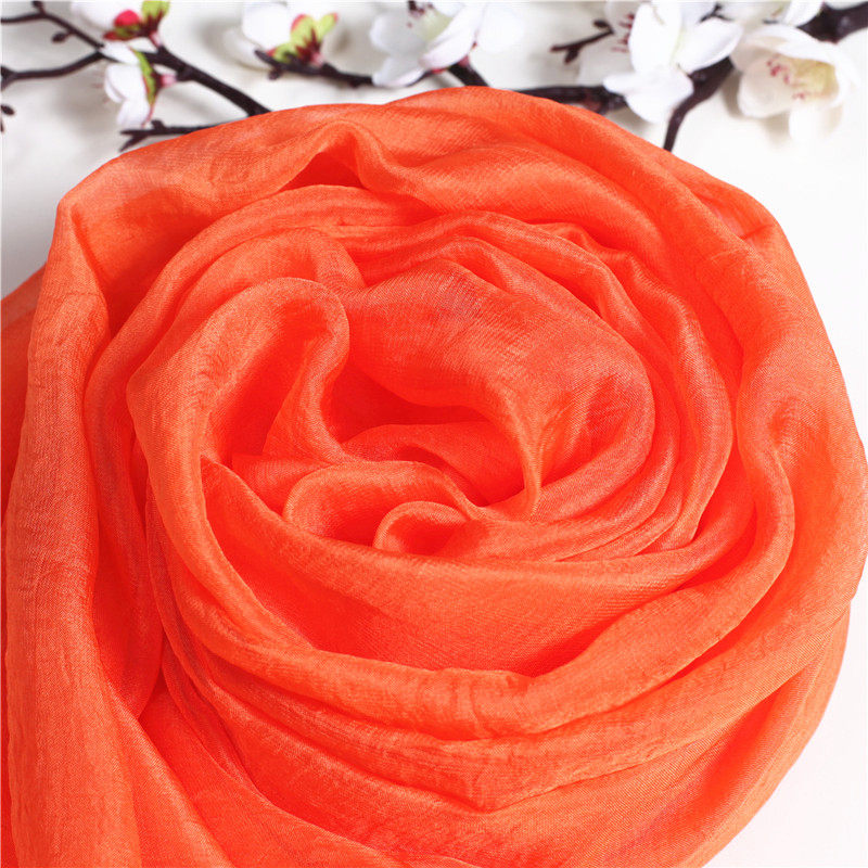 正品真丝丝巾2025春秋冬季新款时尚百搭桑蚕丝围巾纯色披肩橙色