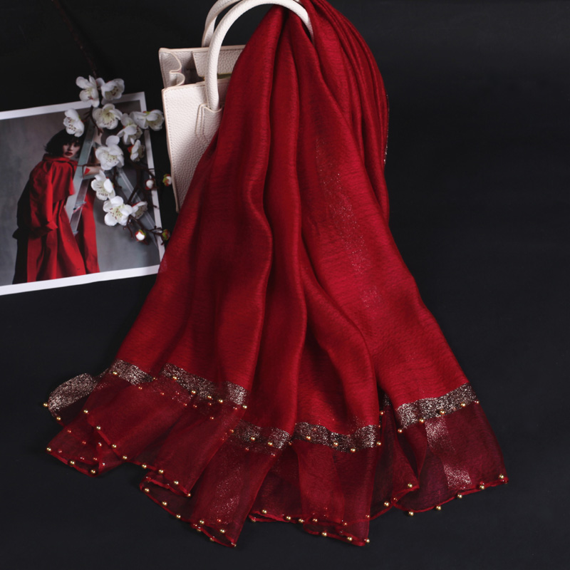 精致手工钉珠酒红冬季真丝羊毛