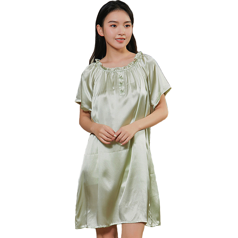 杭州丝绸100%桑蚕丝真丝睡裙19姆米宽松妈妈睡衣女夏外穿家居服