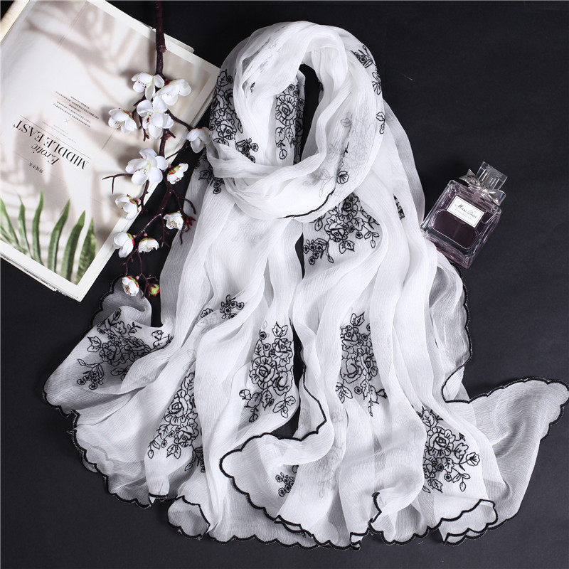 100%桑蚕丝真丝丝巾精致刺绣女长款围巾春秋冬季披肩丝绸绣花白色