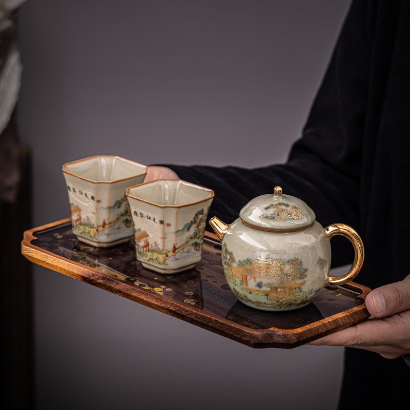 青玉汝窑携琴访友图秦权壶一壶两杯国风李辉熠泡茶壶汝瓷茶具套装
