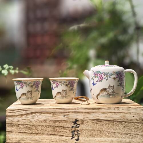 猪油白汝窑猫咪紫藤花璞韵壶一壶两杯