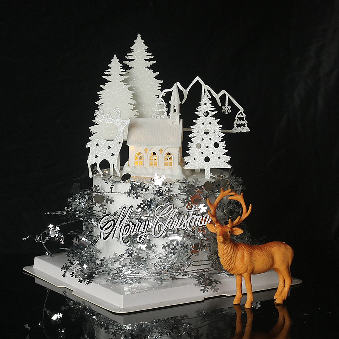 白色圣诞节小鹿蛋糕装饰摆件