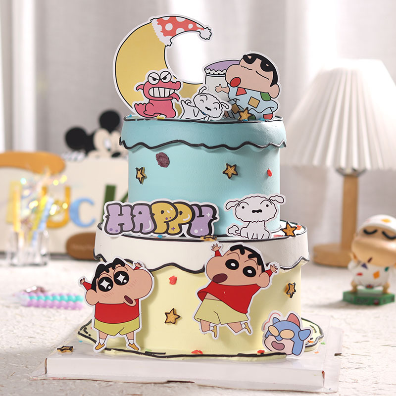 二次元小新蜡笔蛋糕装饰摆件漫画卡通儿童小孩生日甜品烘焙插件