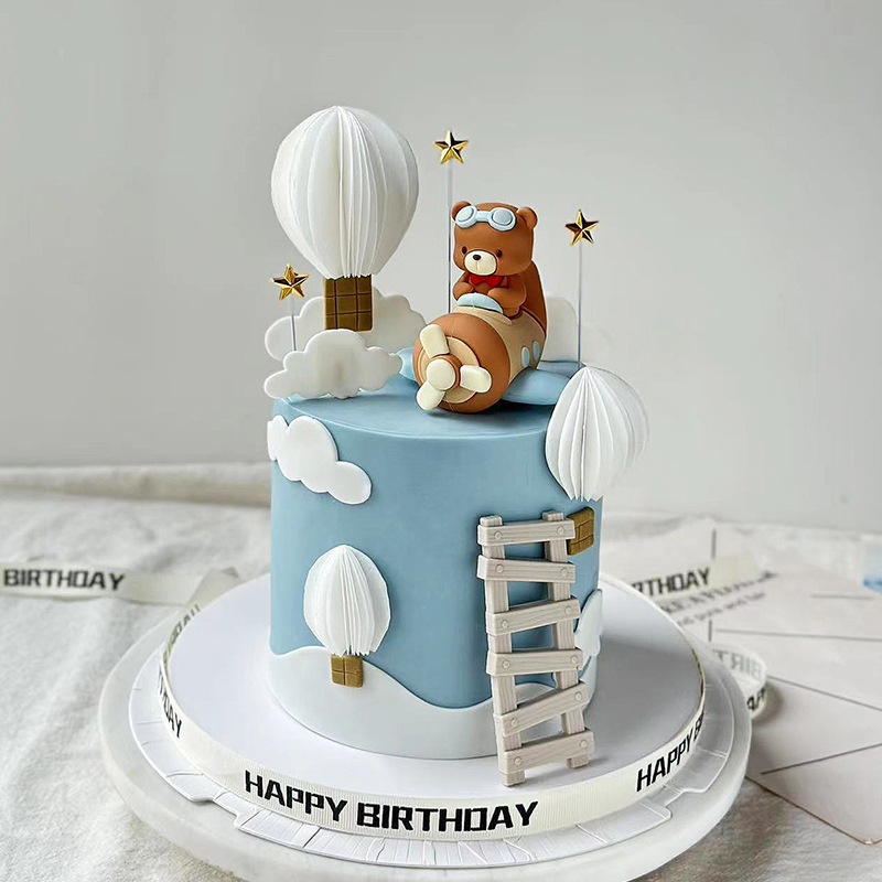 卡通飞机小熊热气球生日蛋糕装饰