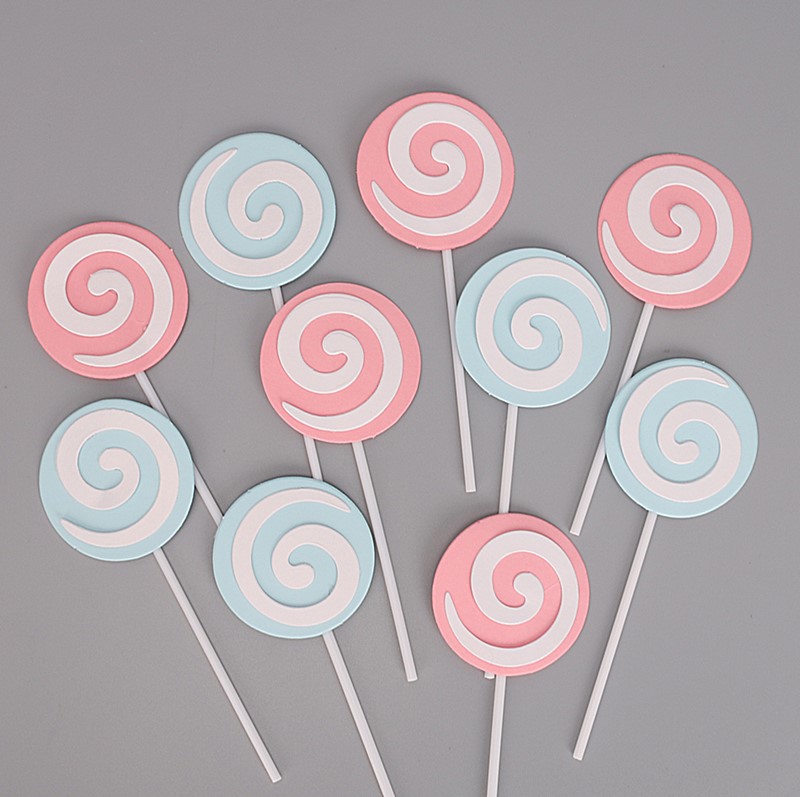 50枚棒棒糖粉色蓝色蛋糕装饰插件卡通儿童生日快乐烘焙配件插牌