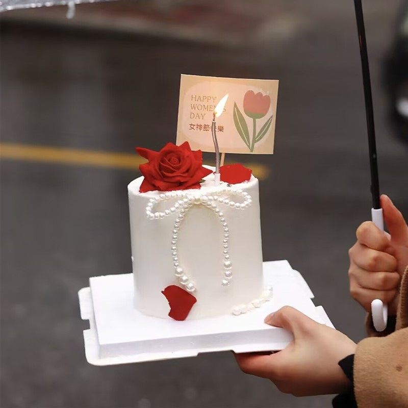 网红38女神节快乐蛋糕装饰插件珍珠蝴蝶结玫瑰花母亲节生日摆件