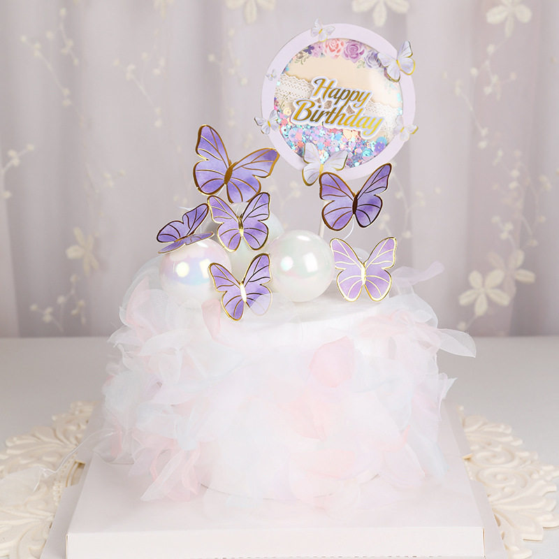 圆牌玫瑰蝴蝶插件闪片星星花朵蛋糕插牌ins浪漫女孩生日烘焙装饰