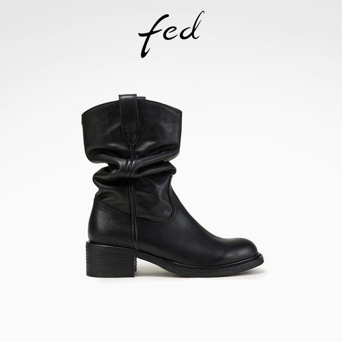 fed冬季新款真皮黑色加绒女短靴