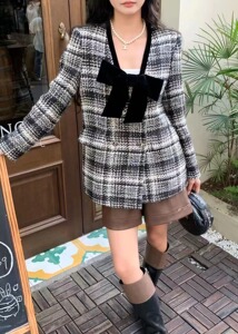 设计师款欧洲站2023冬季新款欧货 甜美蝴蝶结夹棉小香风羊毛外套