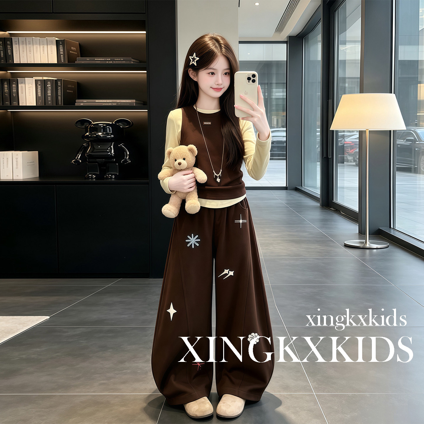 女童春秋洋气假两件阔腿裤三件套