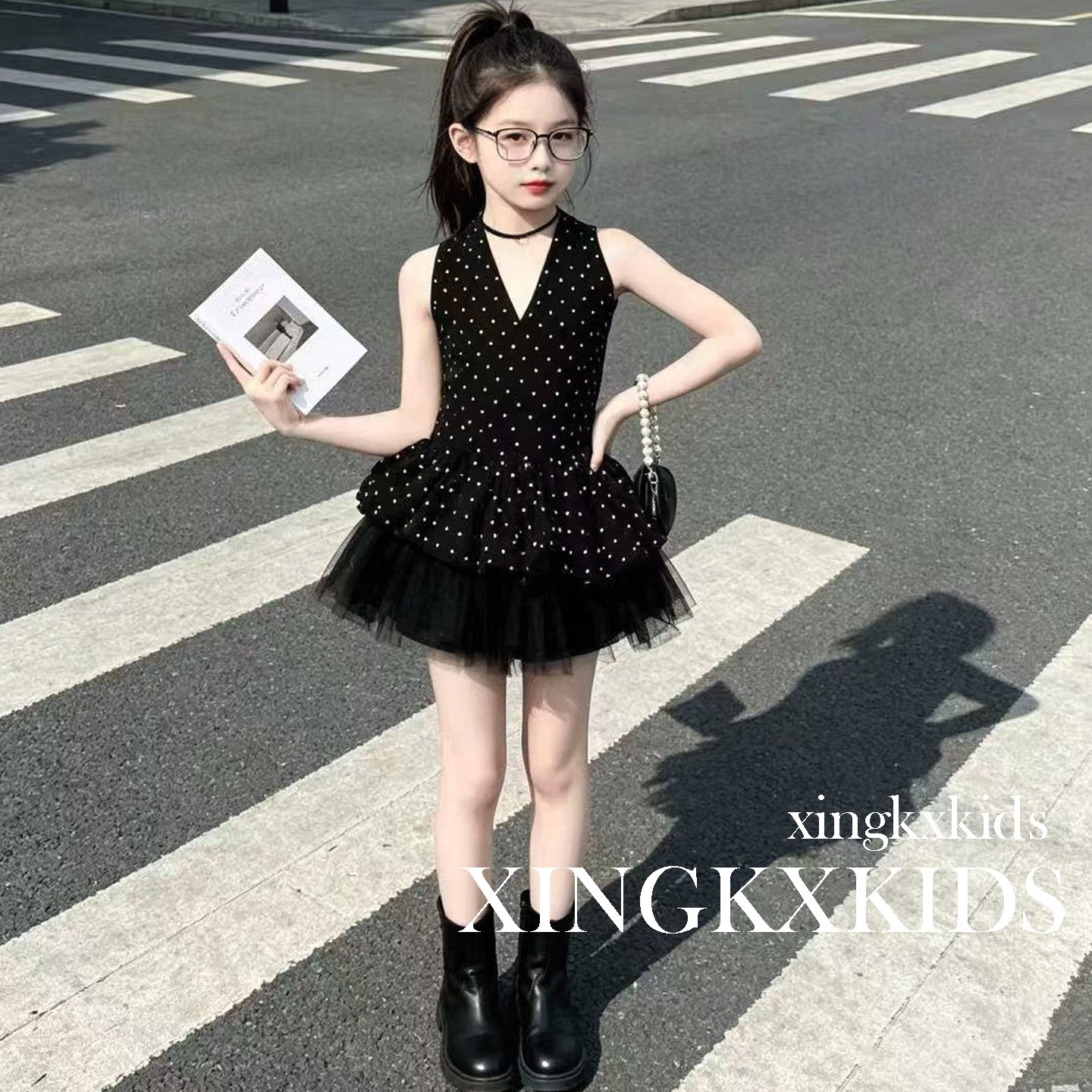 女童夏季黑色波点挂脖网纱蓬蓬裙