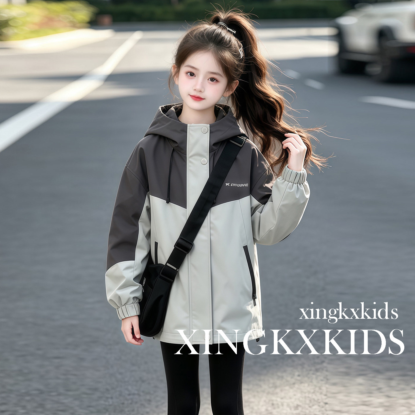 女童秋季连帽冲锋衣撞色新款