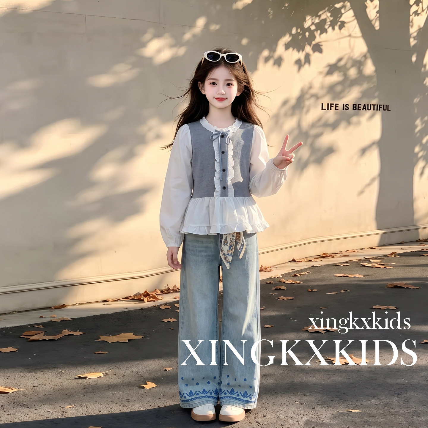 女童春秋韩系衬衫阔腿两件套