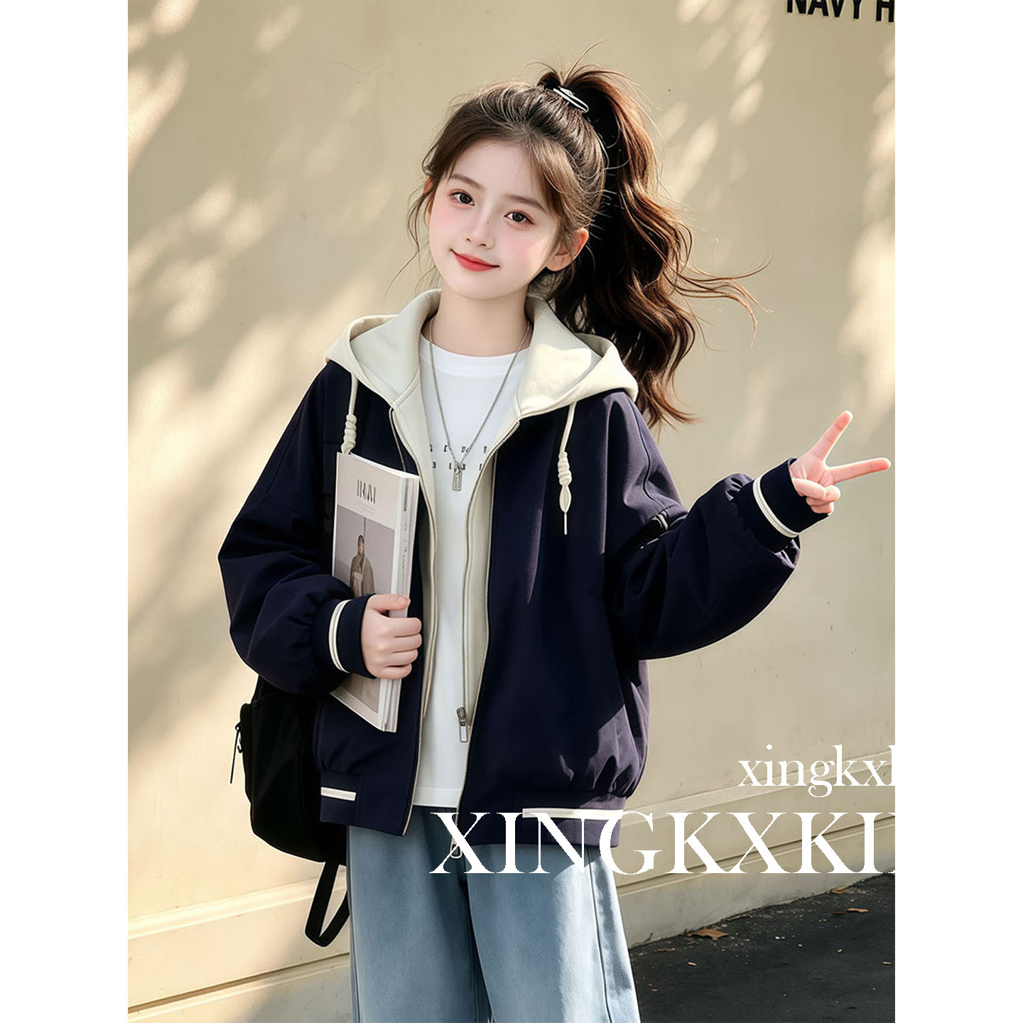 女童春秋假两件撞色连帽外套