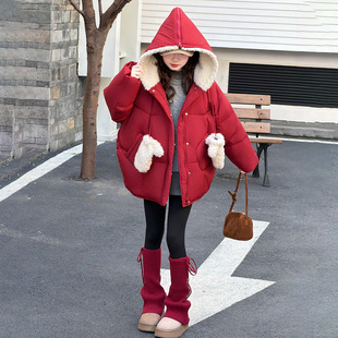 女童红色连帽毛绒棉服中长款 外套 加厚保暖冬装