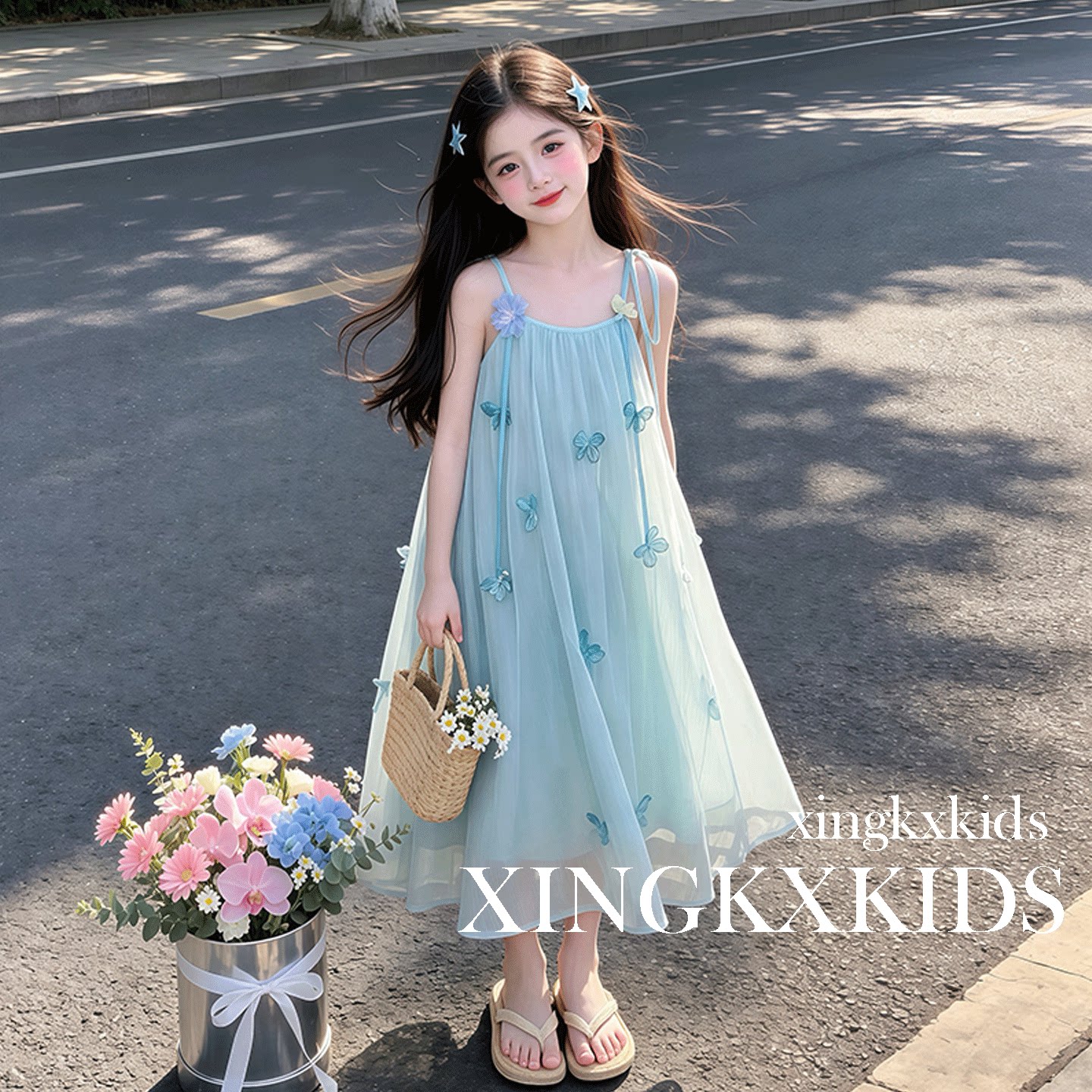 夏季女大童吊带长款连衣裙