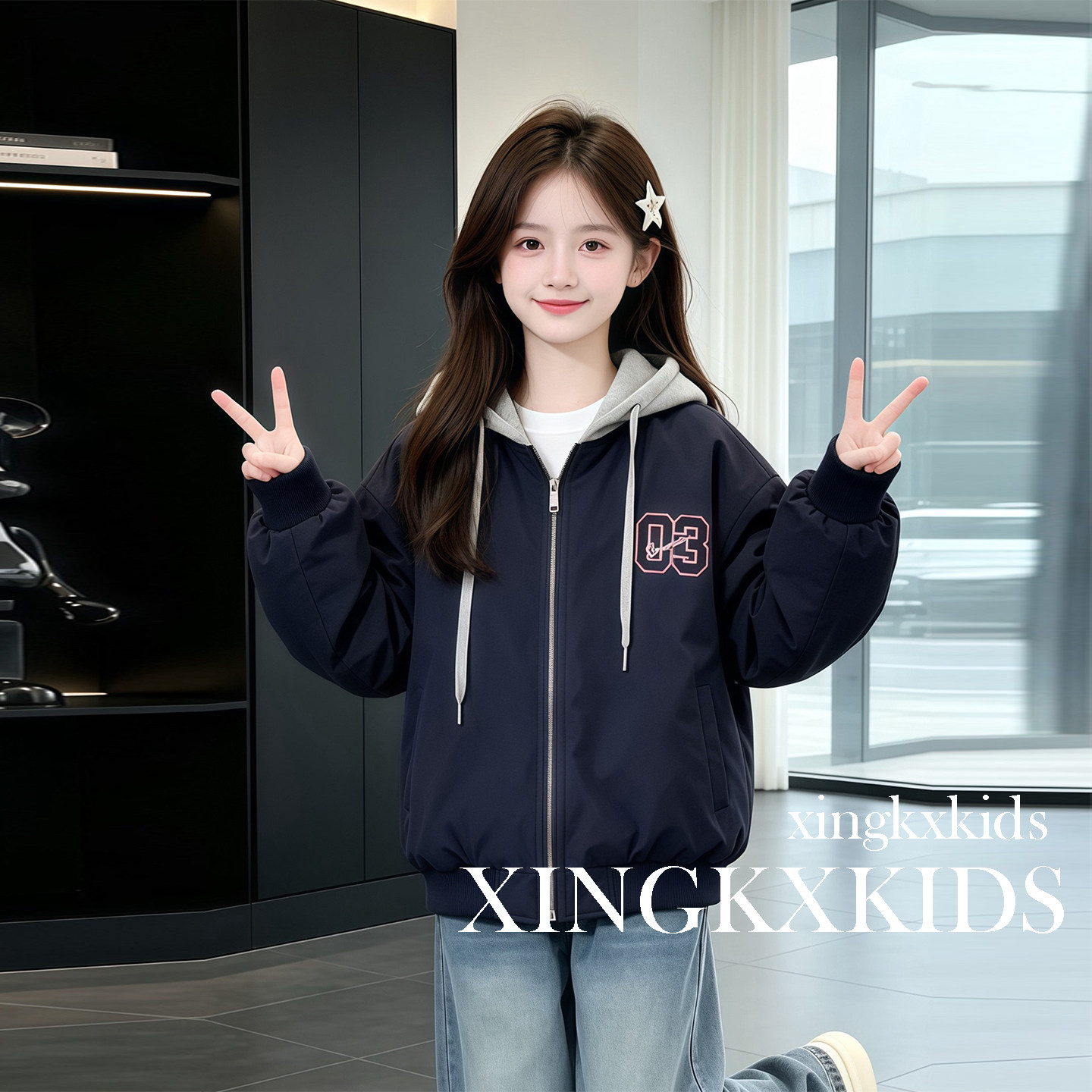 女童秋冬连帽加厚拼色夹棉外套