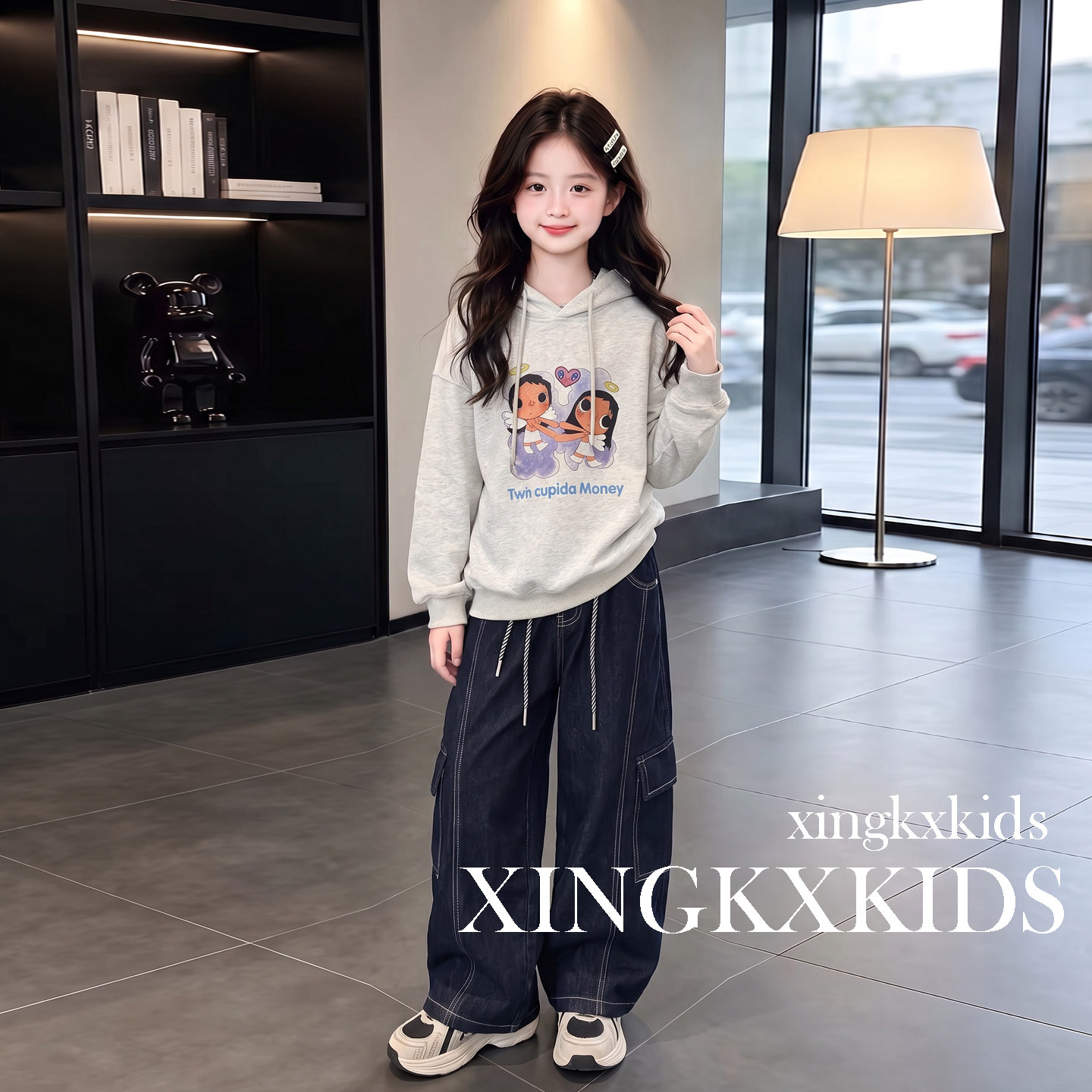 女童秋季连帽印花卫衣牛仔裤套装