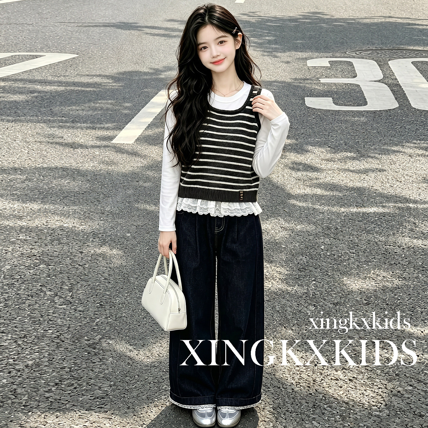 女童秋季洋气条纹马甲三件套