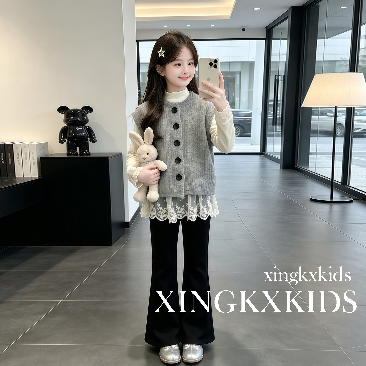 女童春秋蕾丝马甲三件套