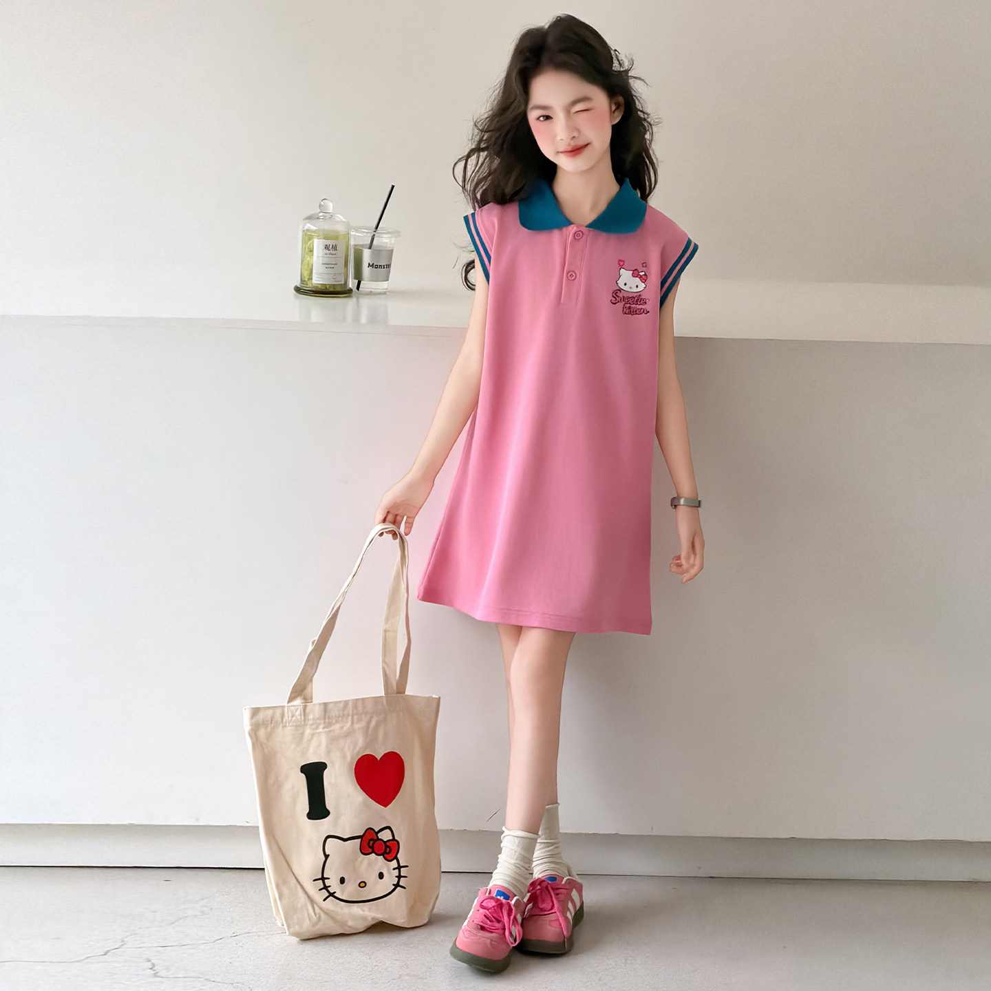 女童夏季Polo领多巴胺连衣裙