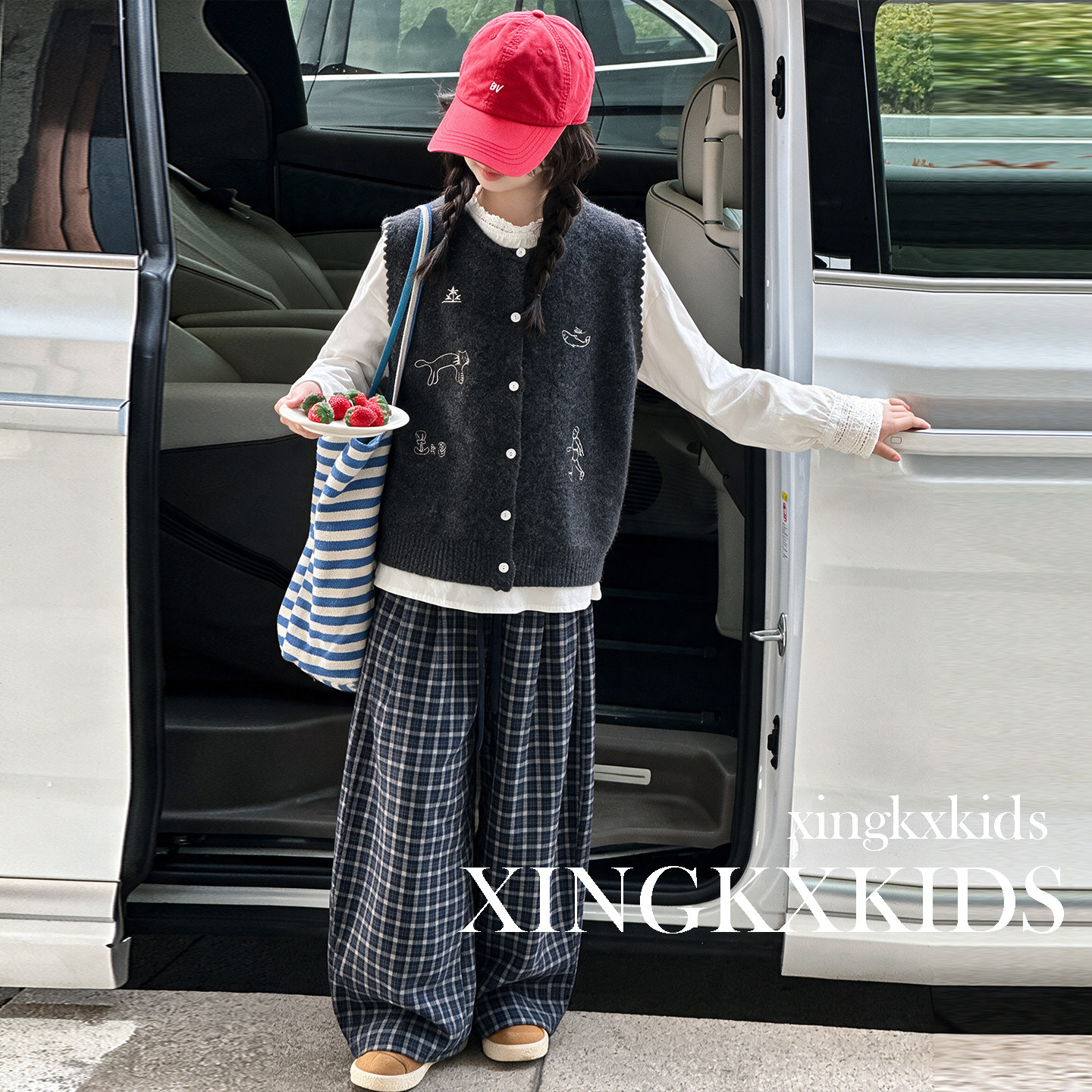 女童春秋季韩系马甲格子裤套装