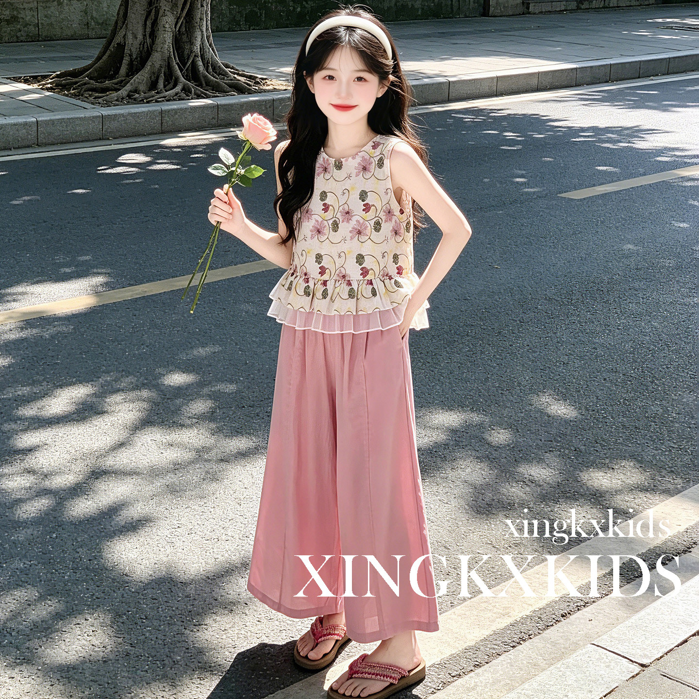 女童夏季碎花无袖阔腿裤两件套