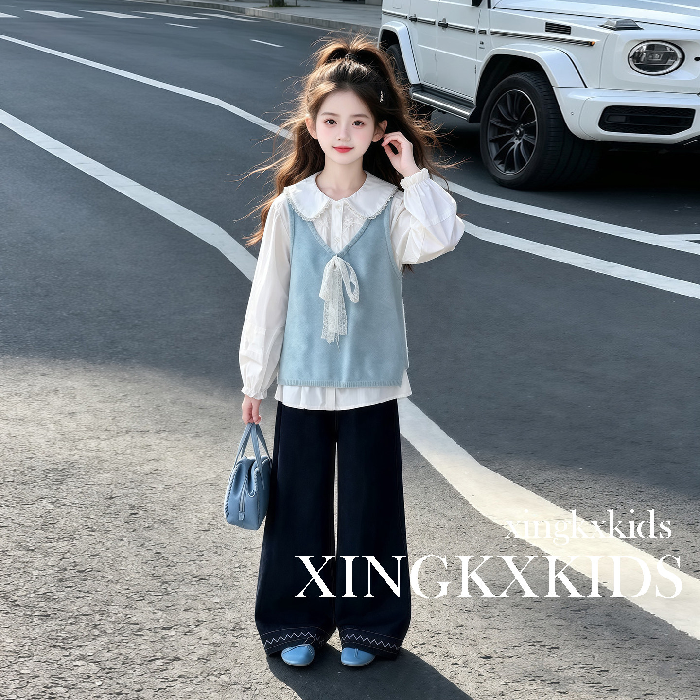 女童秋季韩系甜美针织马甲三件套