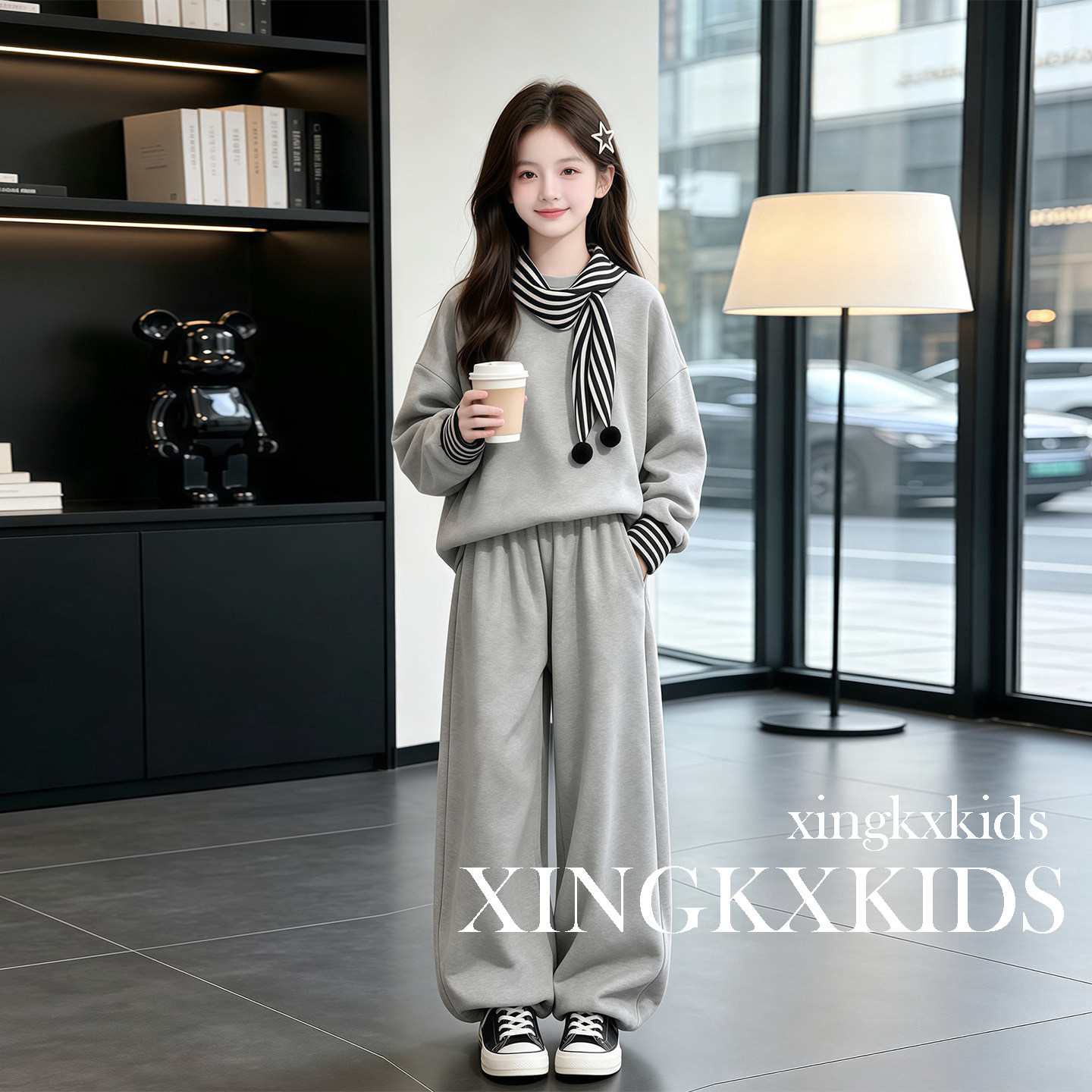 女童秋冬加绒加厚卫衣阔腿三件套