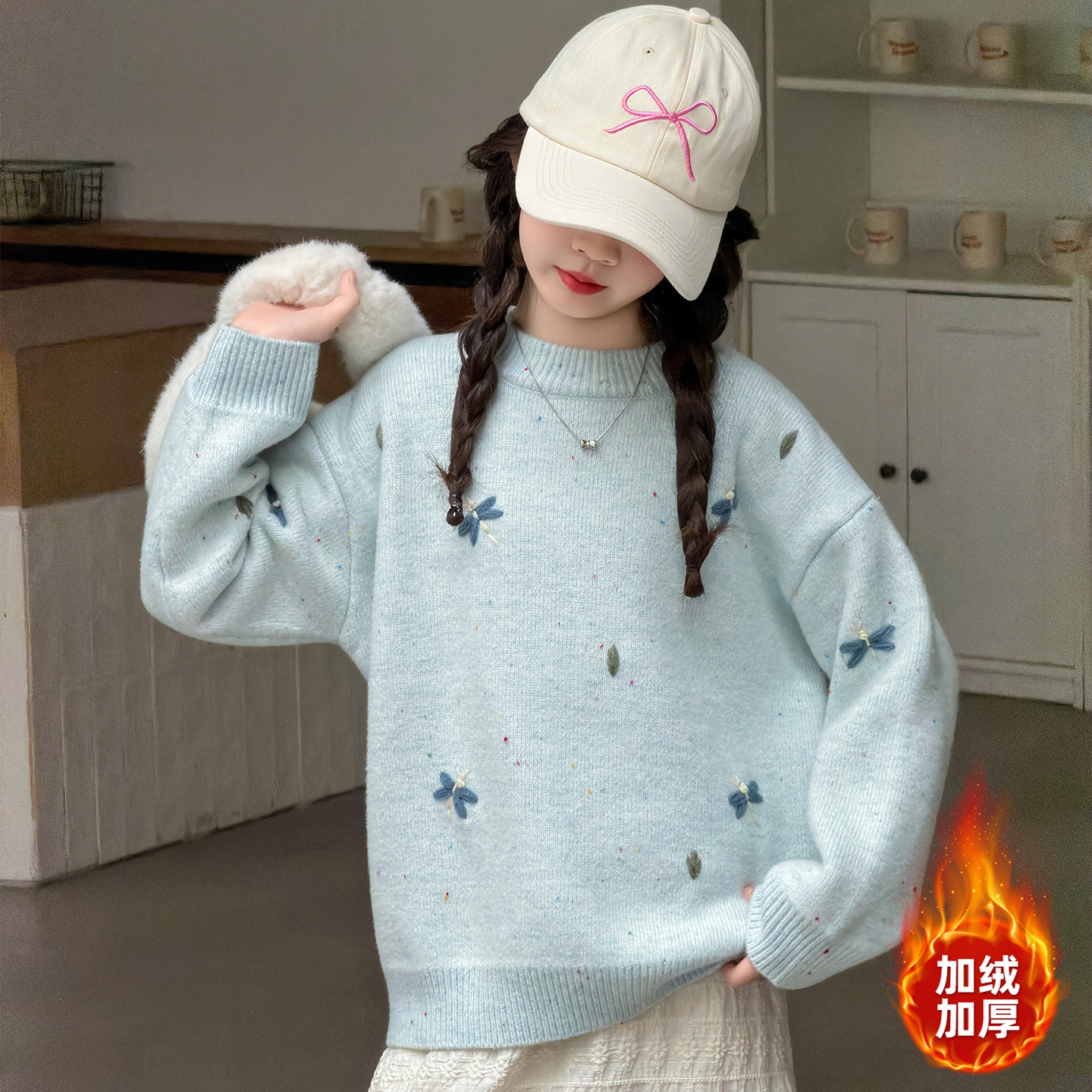 女童加绒毛衣冬季2025新款女大童冬装加厚针织线衣儿童圆领打底衫