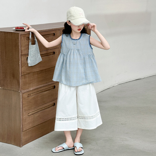 2025新款 女大童夏季 無袖 韓系棉布上衣兒童七分闊腿褲 套裝 女童夏裝