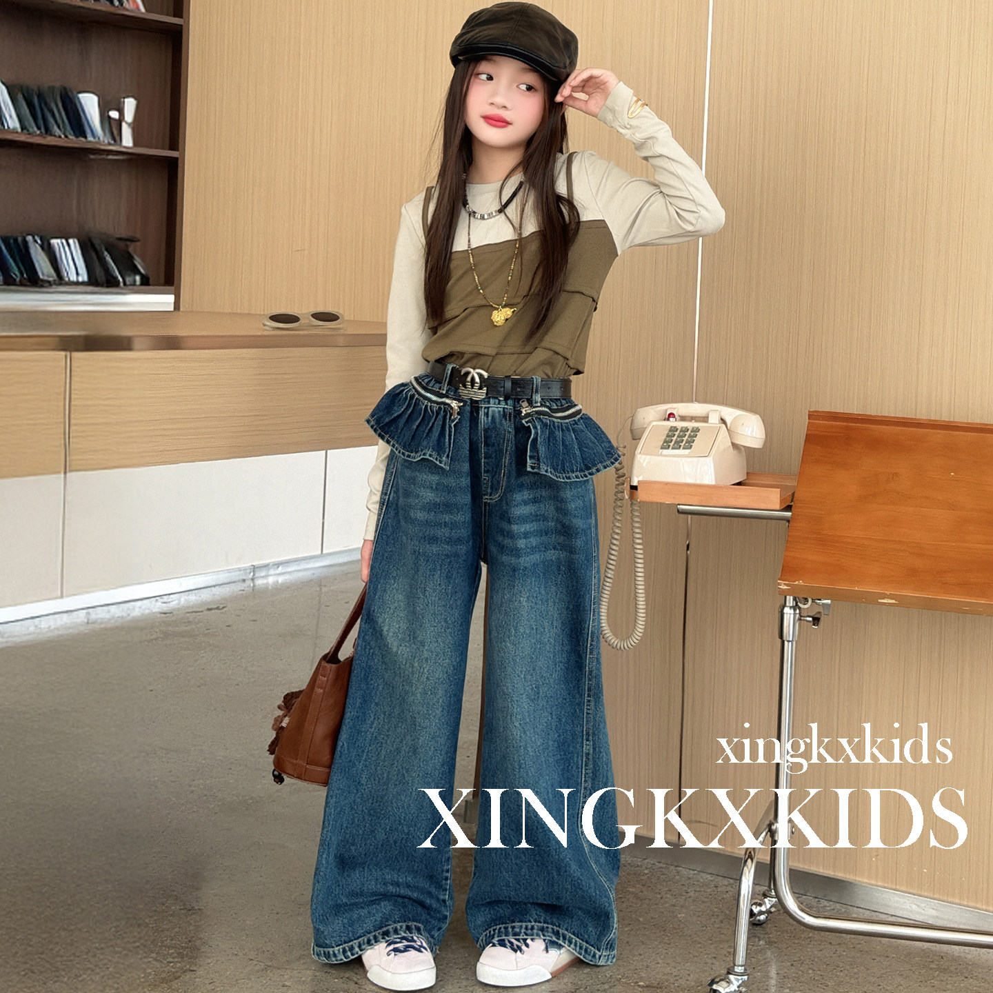 女童洋气休闲牛仔阔腿裤两件套