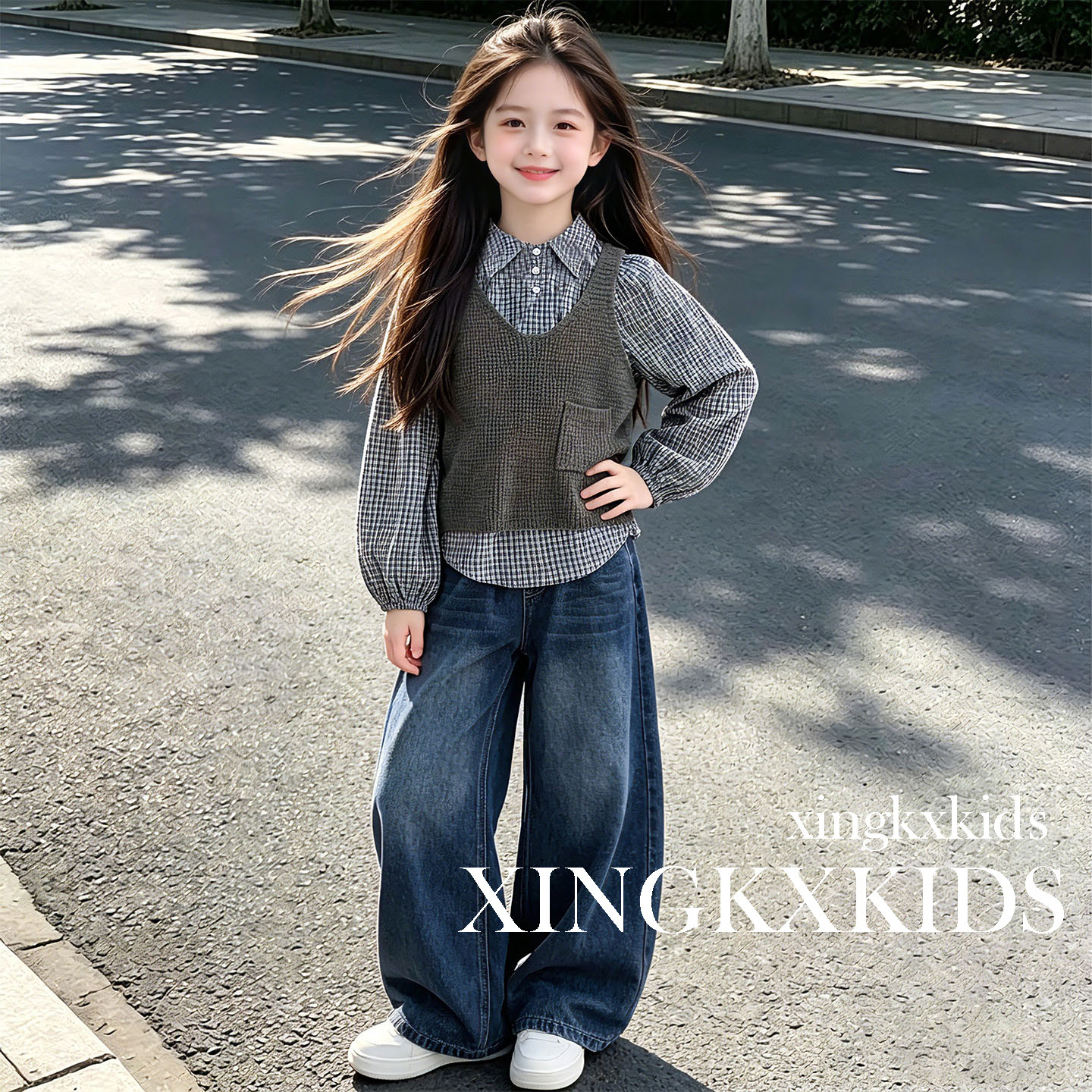 女童秋季学院风格子马甲三件套