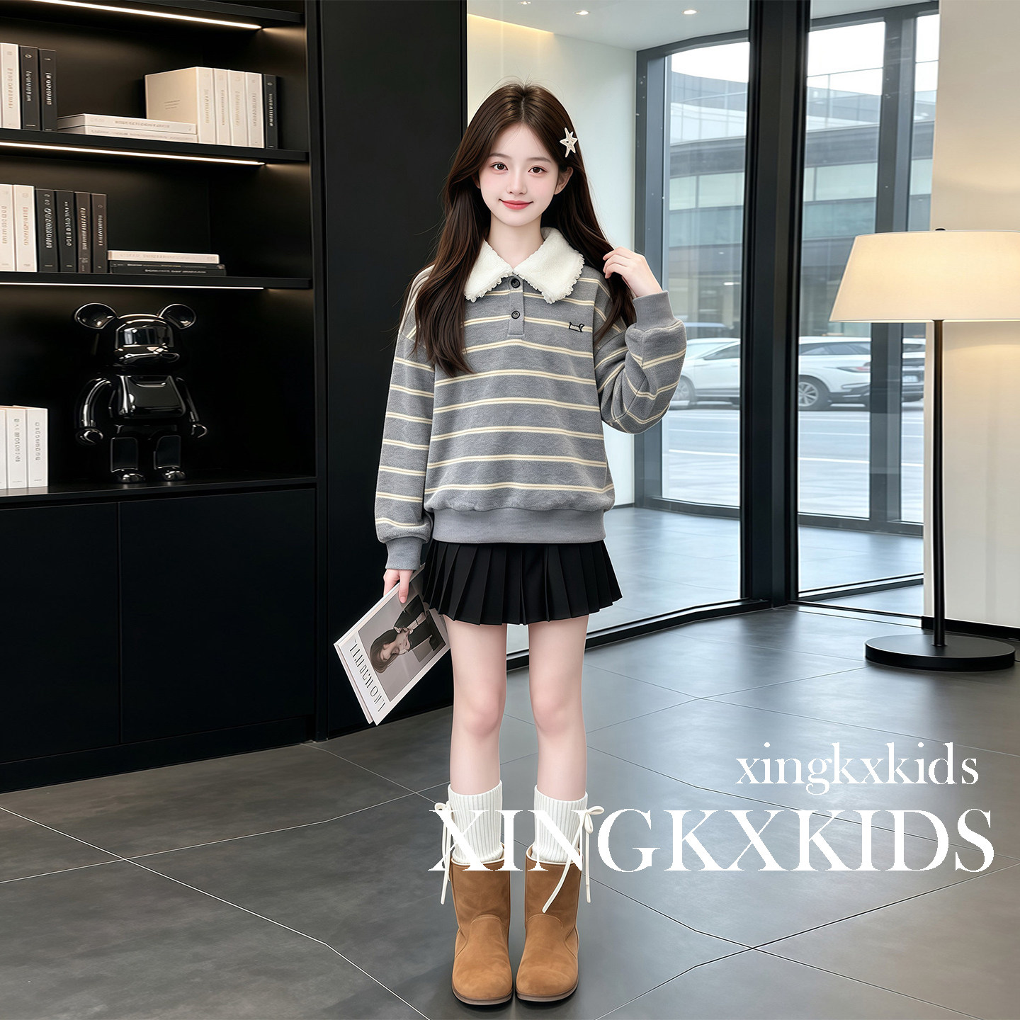 女童秋冬加绒加厚条纹卫衣