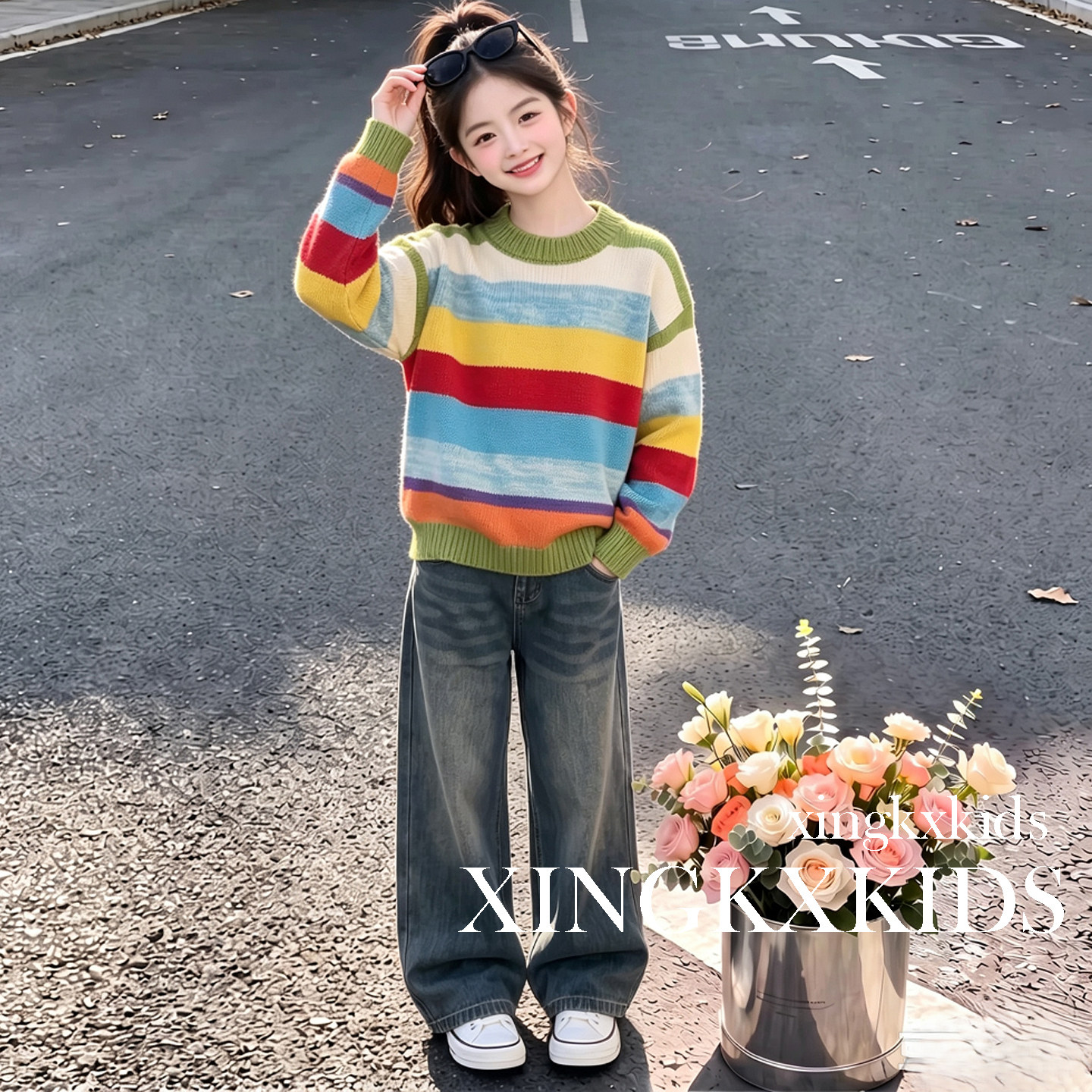 女童春秋针织毛衣牛仔裤套装