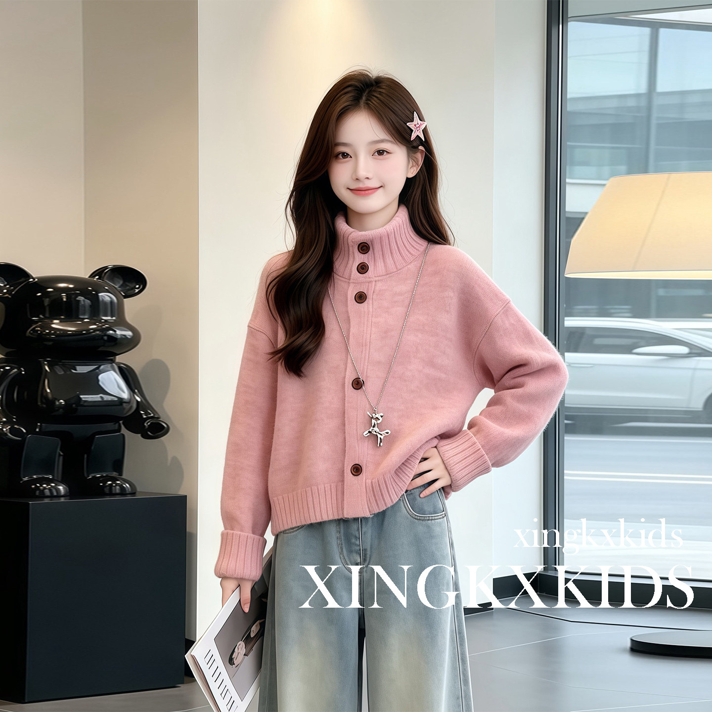 女童春秋立领开衫牛仔两件套